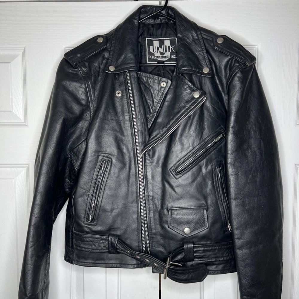 Leather Motorcycle Jacket Lined UNIK Inter. Size 40 Men’s Black 25 Inch To Hem